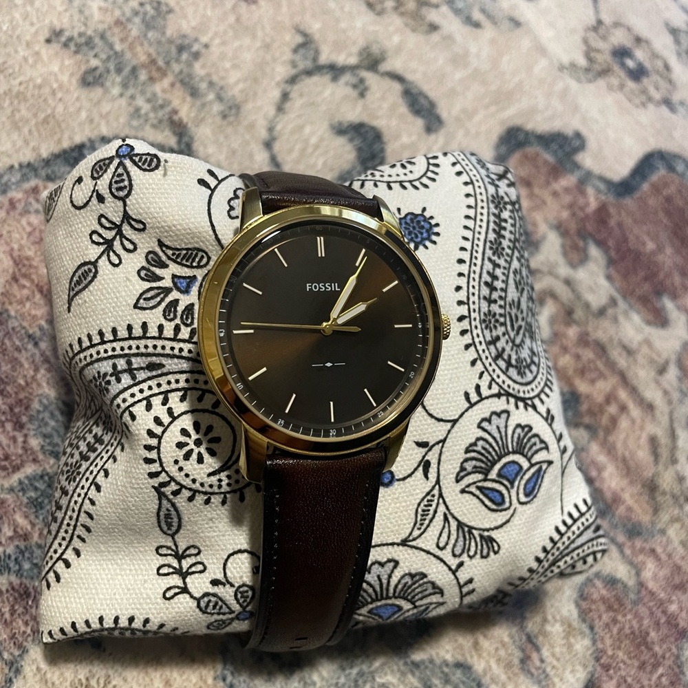 Fossil Black and Gold Watch with Brown Strap